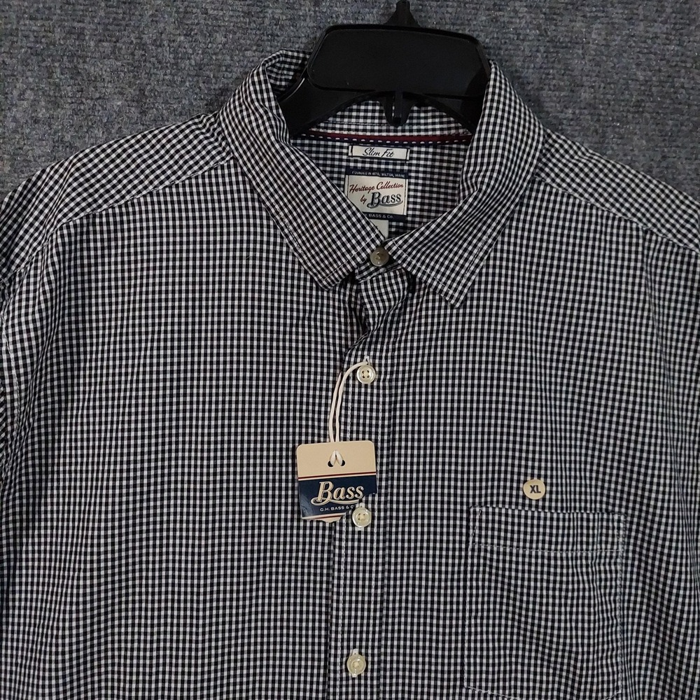 Bass Shirt Mens XL Black White‎ Gingham Slim Fit Cotton Button Down Long Sleeve